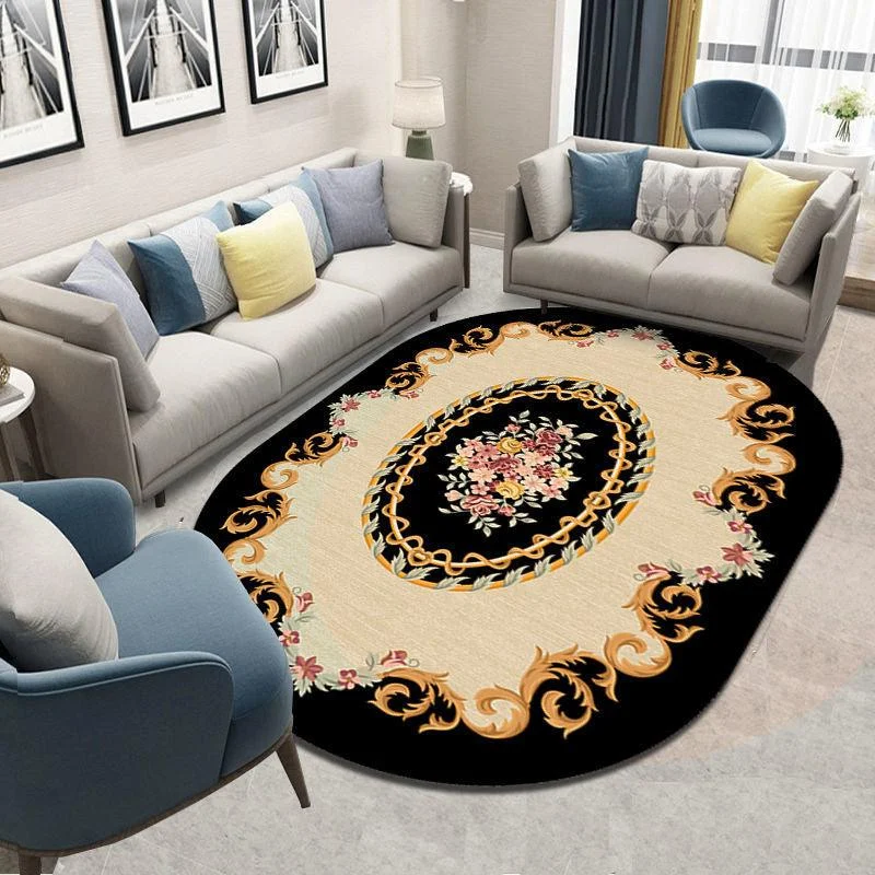 Flower European Oval Rug Living Room Washable Carpet for Bedroom -