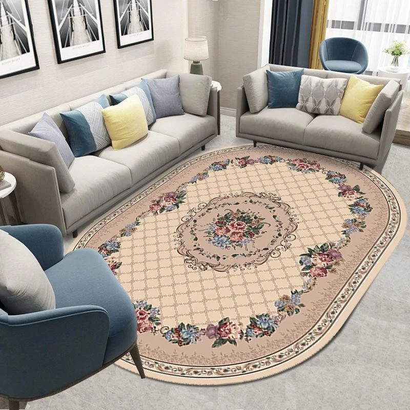 Flower European Oval Rug Living Room Washable Carpet for Bedroom -