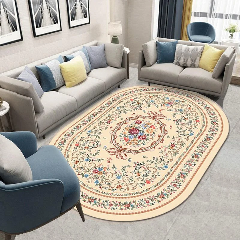 Flower European Oval Rug Living Room Washable Carpet for Bedroom -
