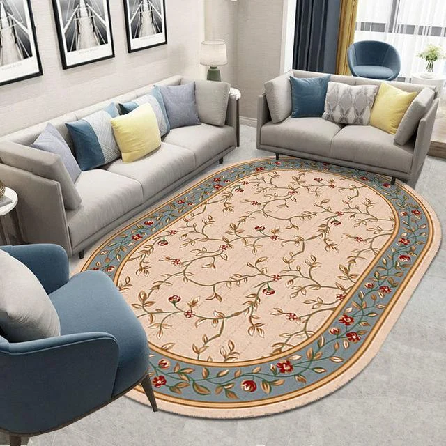 Flower European Oval Rug Living Room Washable Carpet for Bedroom -