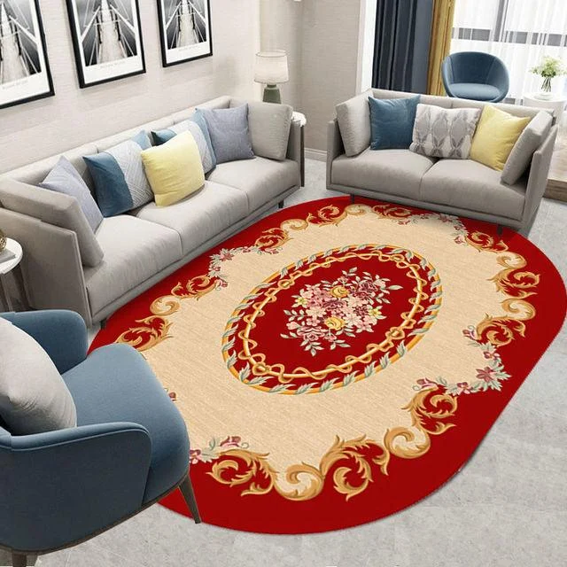 Flower European Oval Rug Living Room Washable Carpet for Bedroom -