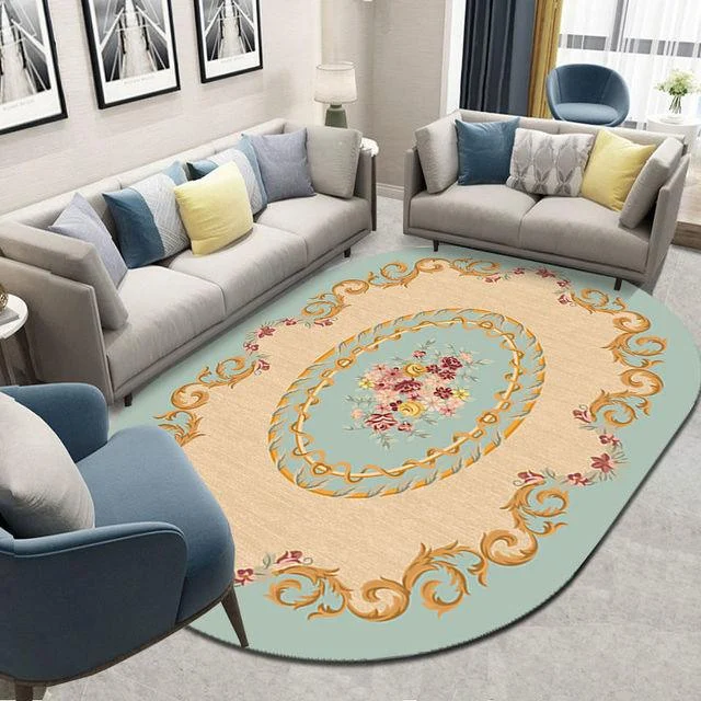 Flower European Oval Rug Living Room Washable Carpet for Bedroom -