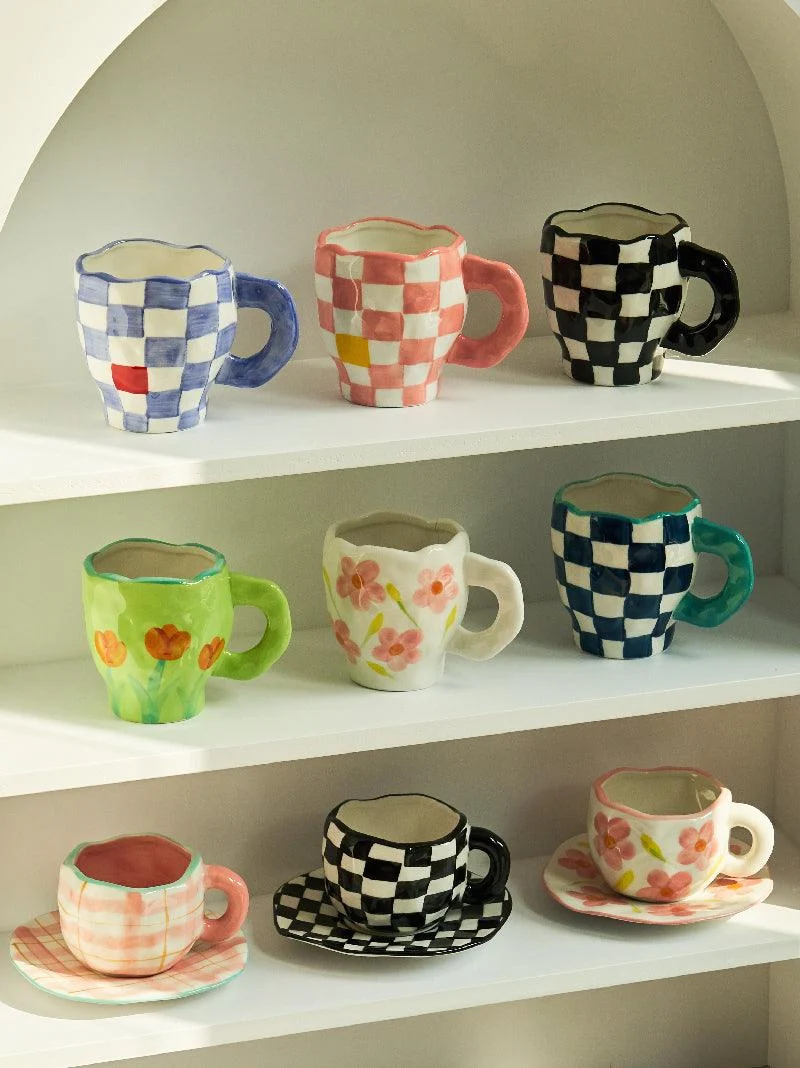 Retro Ceramic Checkered Mug - ISTANBULLU LTD