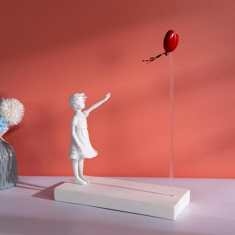 Flying Heart Balloon Girl Hand-Crafted Sculpture -