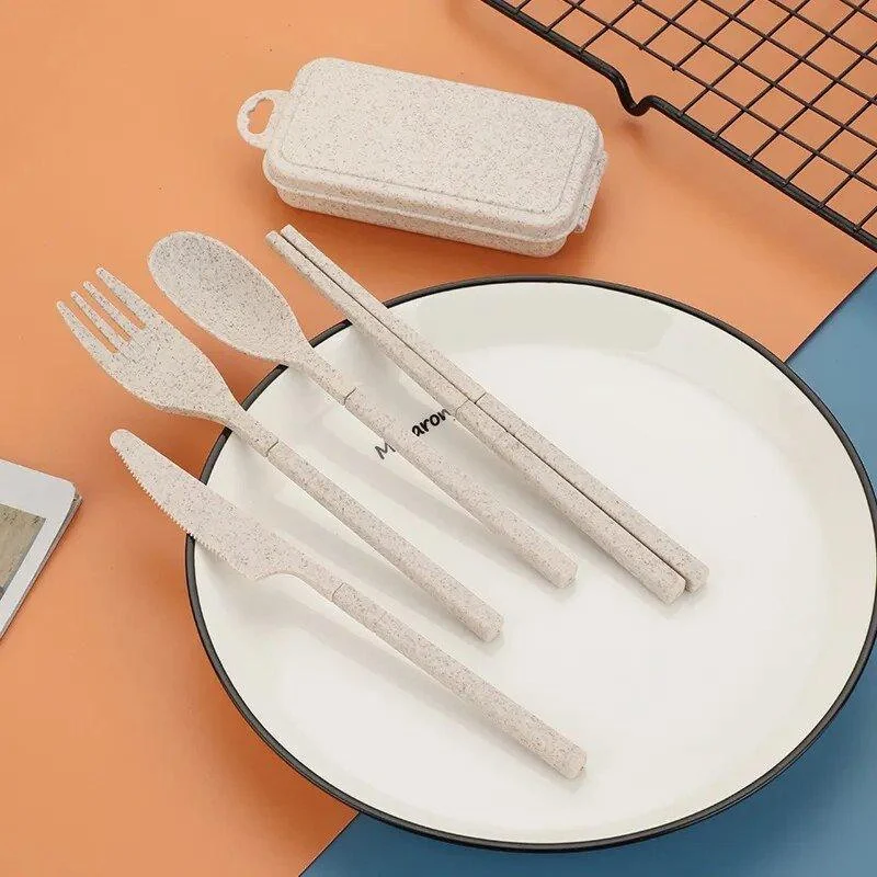 Foldable Wheat Straw Cutlery Set With Storage Box -  - #tag1#