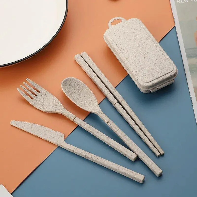 Foldable Wheat Straw Cutlery Set With Storage Box -  - #tag1#