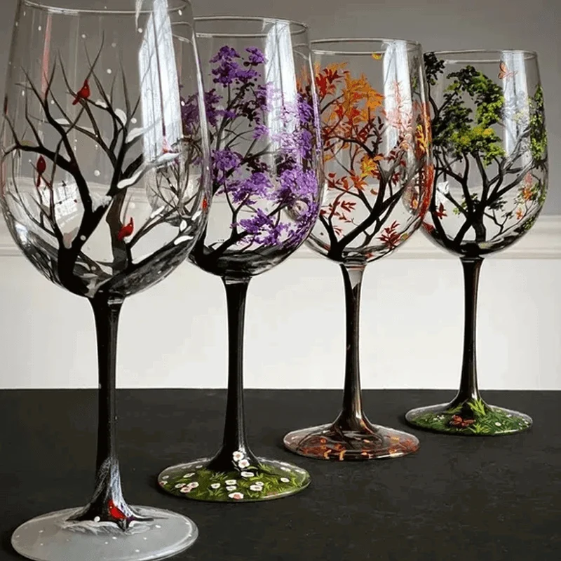 Four Seasons Tree Wine Glasses - Hand Painted Art -  - #tag1#