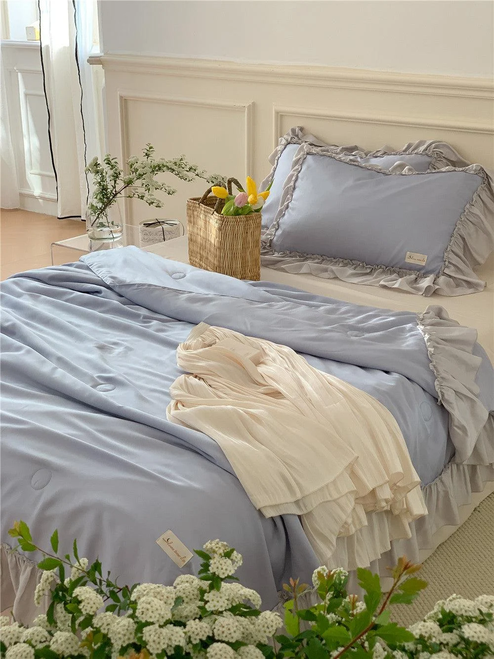 French Aesthetic Silky Satin Ruffle Bedding Set -  - #tag1#