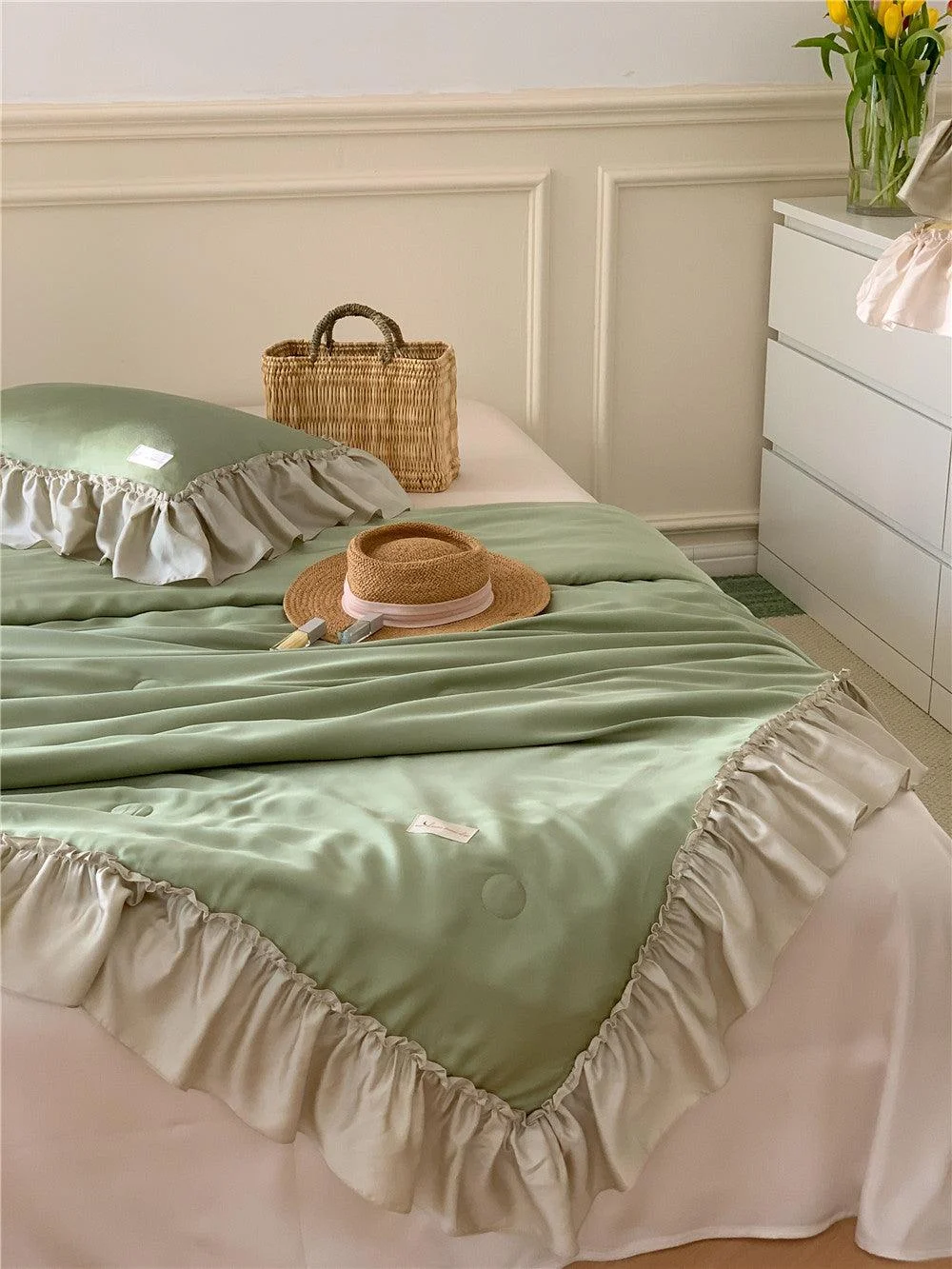 French Aesthetic Silky Satin Ruffle Bedding Set -  - #tag1#