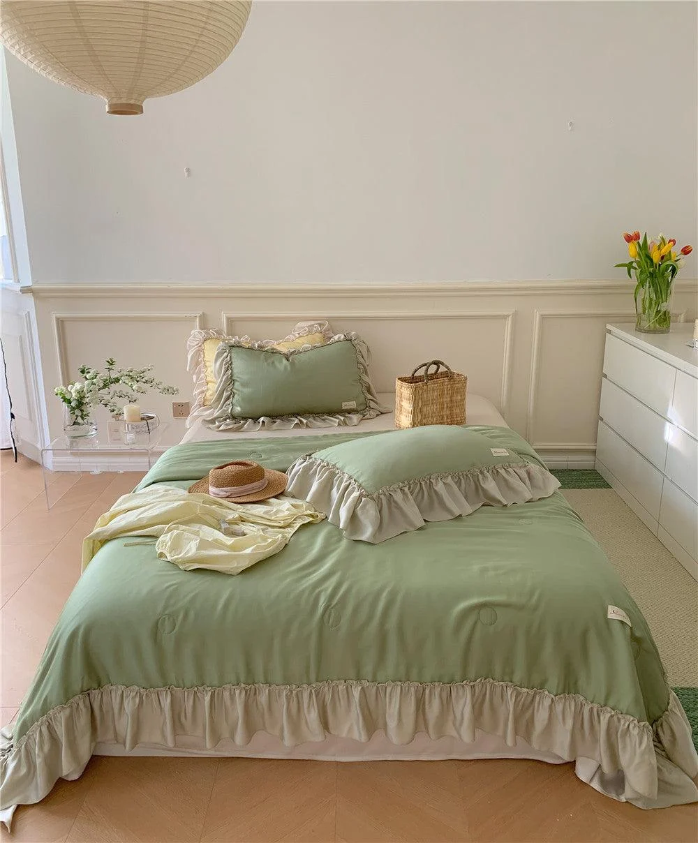 French Aesthetic Silky Satin Ruffle Bedding Set -  - #tag1#