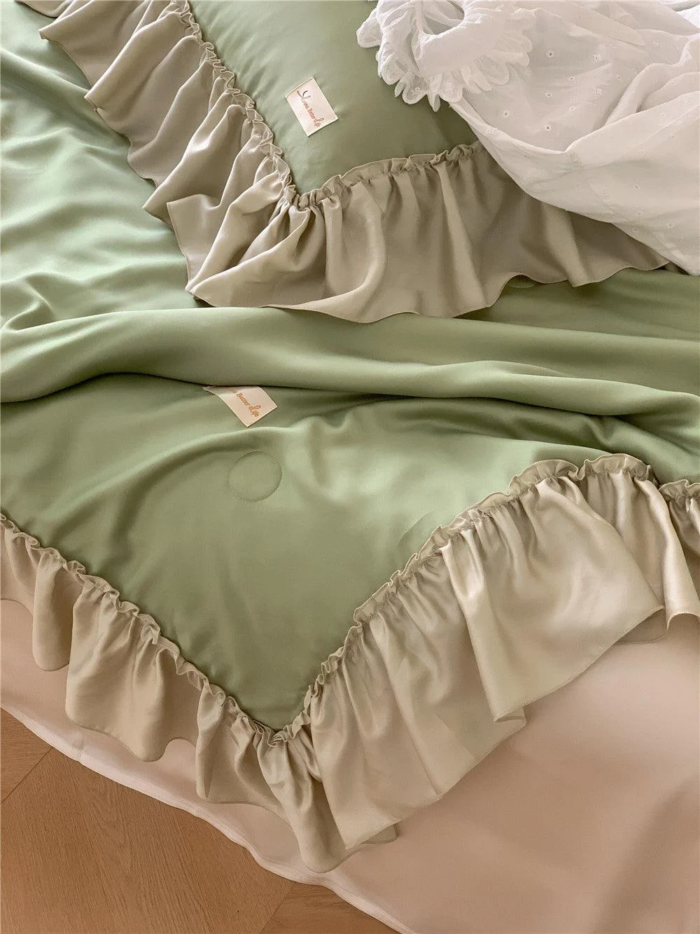 French Aesthetic Silky Satin Ruffle Bedding Set -  - #tag1#