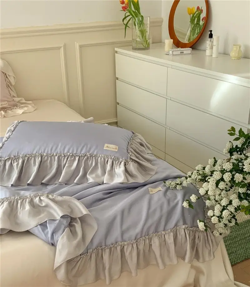 French Aesthetic Silky Satin Ruffle Bedding Set tag1