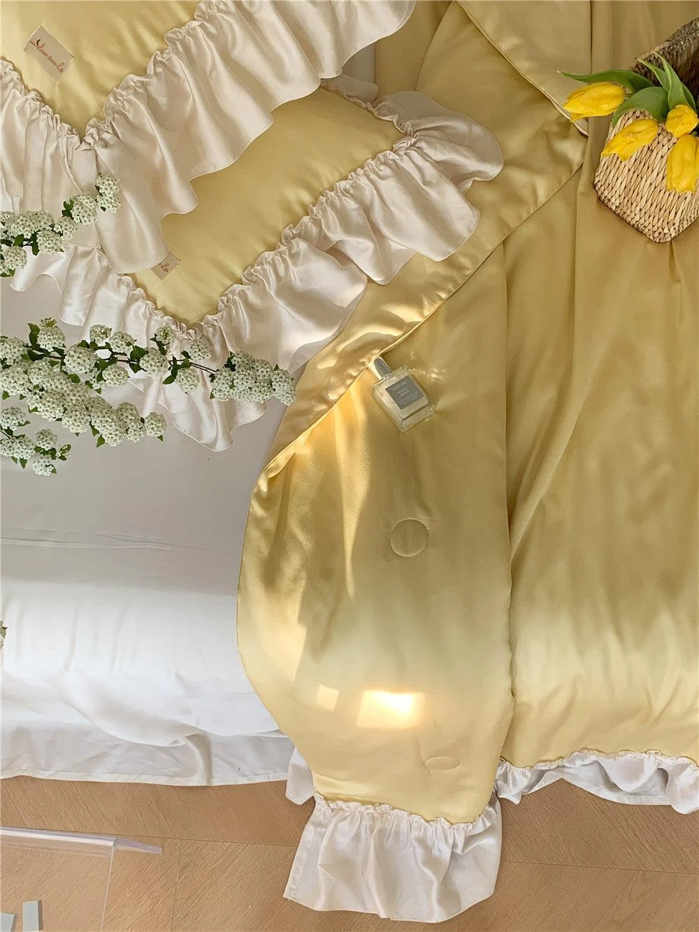 French Aesthetic Silky Satin Ruffle Bedding Set -  - #tag1#