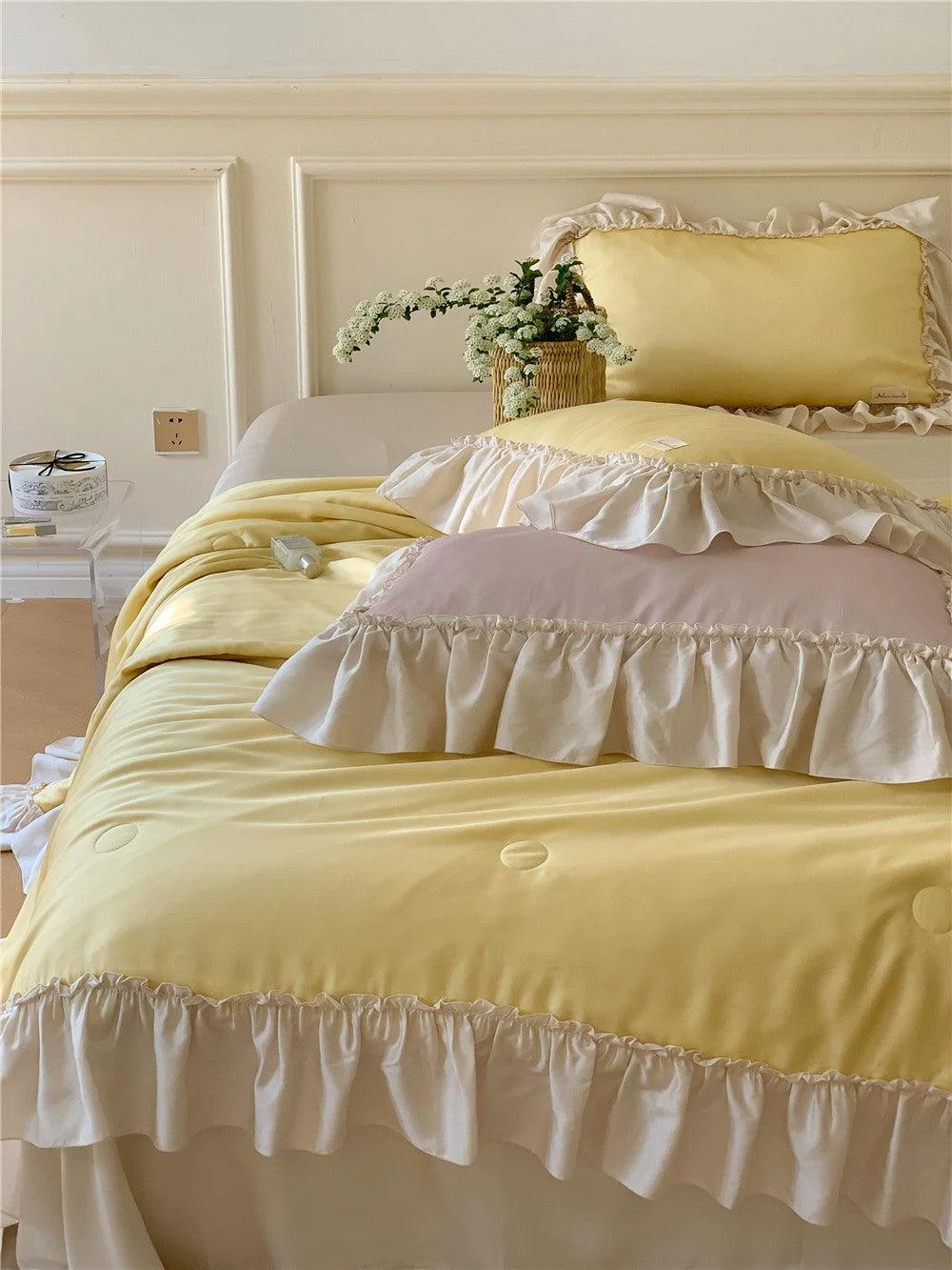 French Aesthetic Silky Satin Ruffle Bedding Set -  - #tag1#