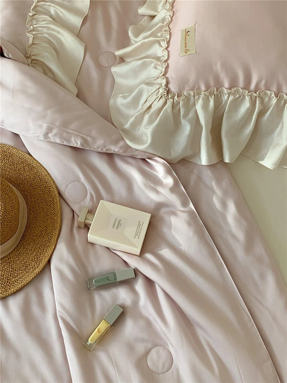 French Aesthetic Silky Satin Ruffle Bedding Set -  - #tag1#