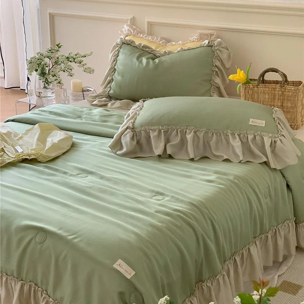 French Aesthetic Silky Satin Ruffle Bedding Set -  - #tag1#