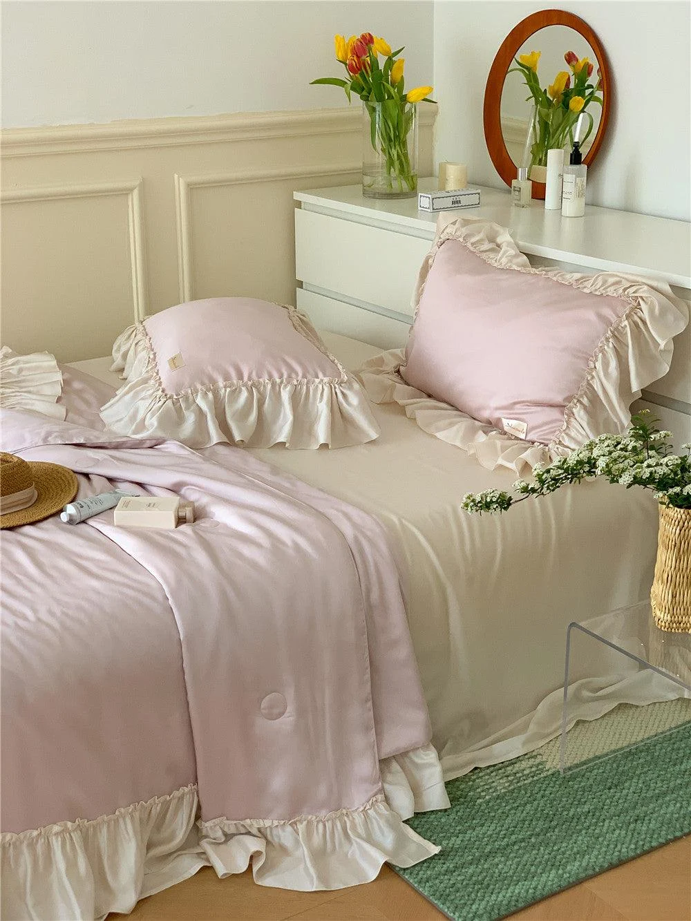 French Aesthetic Silky Satin Ruffle Bedding Set -  - #tag1#
