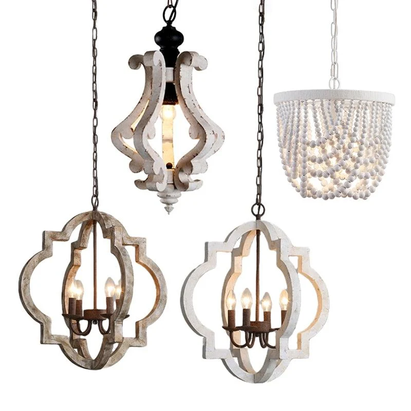 French Vintage Wooden Chandelier Lighting for Living room Bedroom Decor -