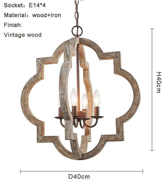 French Vintage Wooden Chandelier Lighting for Living room Bedroom Decor -