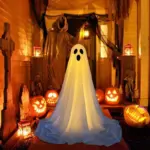 Front Porch Ghost Halloween Decoration Standing With Lighting Chain Battery Powered tag1