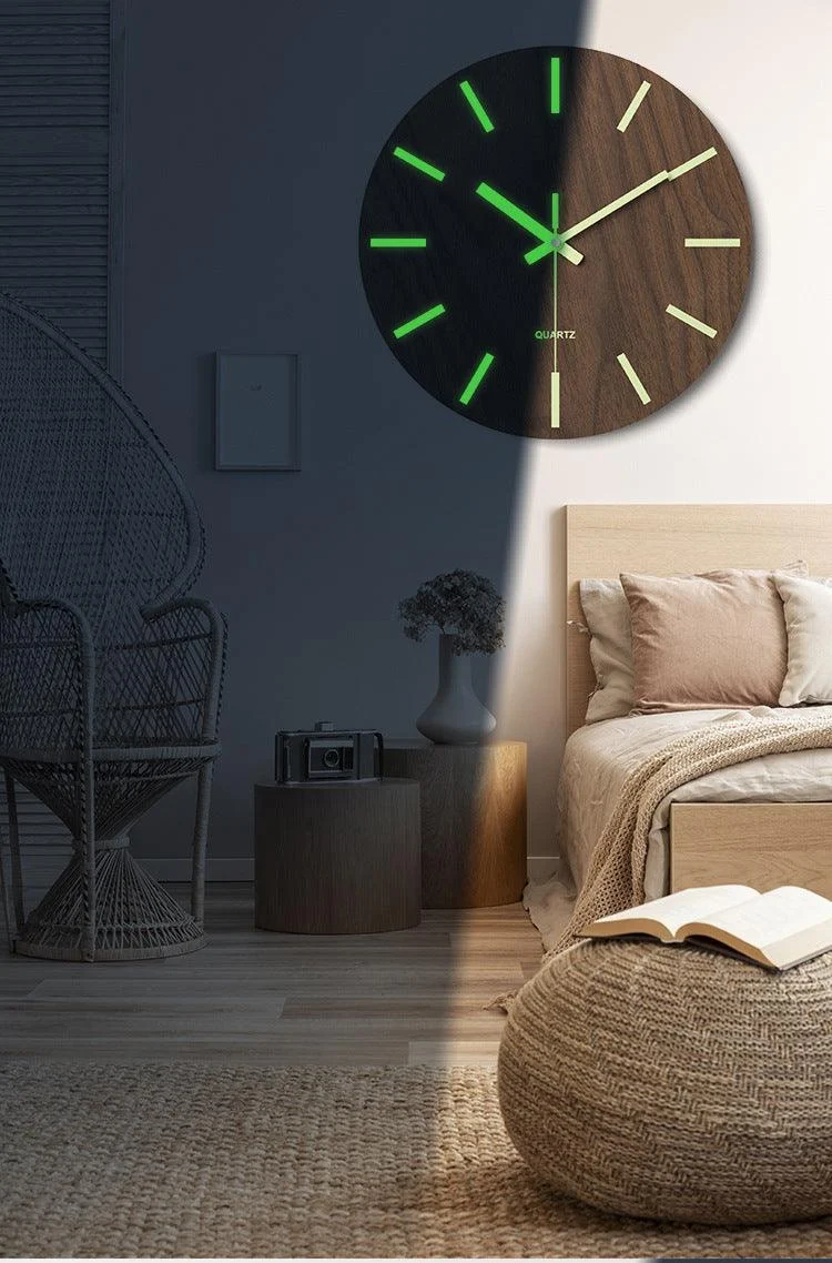 Glow in Dark Wood Textured Silent Wall Clock 12 Inches -