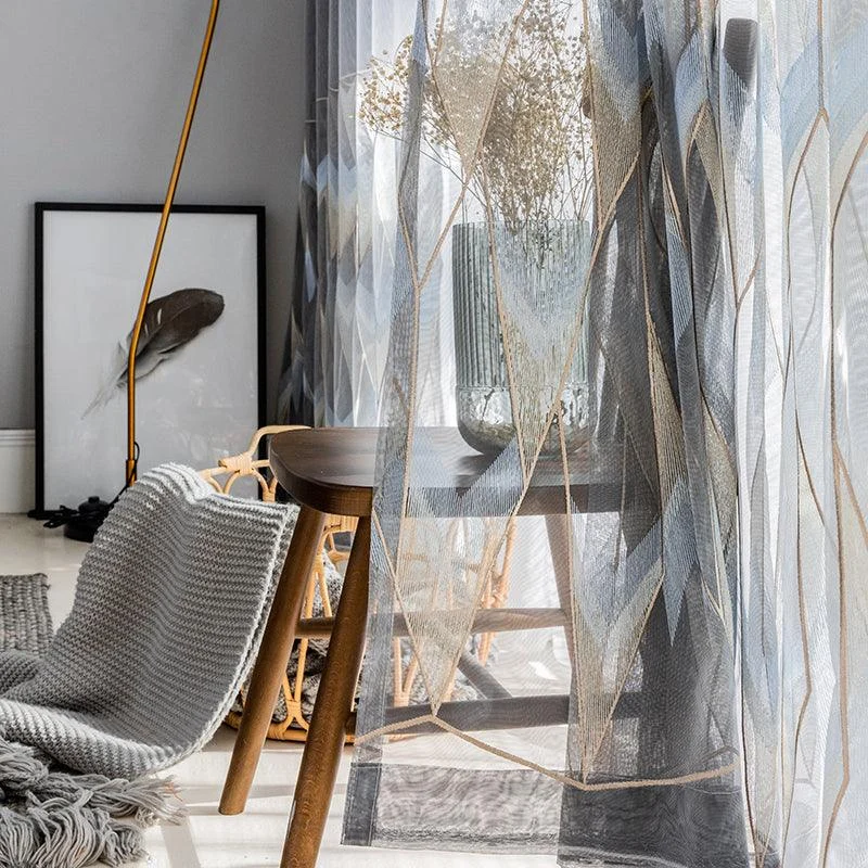 Gold Gray Geometric Tulle Curtain - Homeko