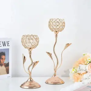 Golden Crystal Flower Shape Candlestick Holder Set