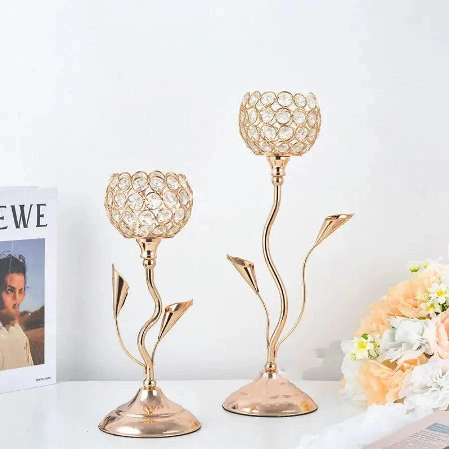 Golden Crystal Flower Shape Candlestick Holder Set -  - #tag1#