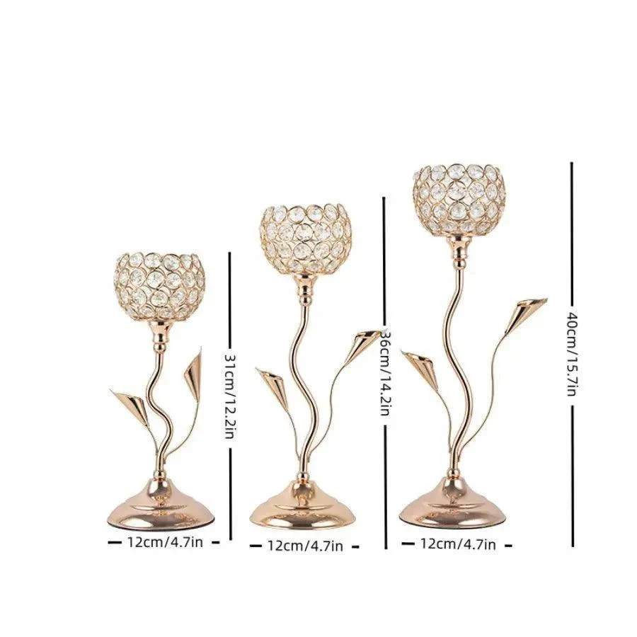 Golden Crystal Flower Shape Candlestick Holder Set -  - #tag1#