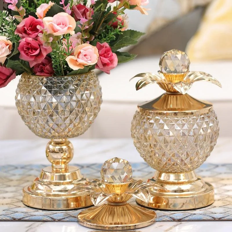 Golden Crystal Glass Storage with Cover -