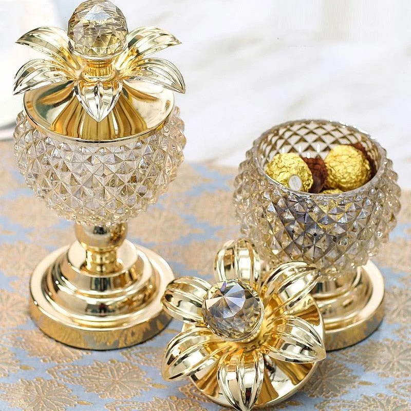 Golden Crystal Glass Storage with Cover -