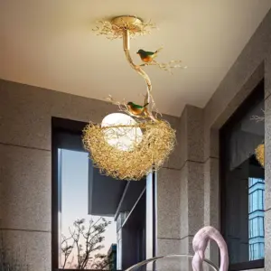 Golden Pendant Lamp with Milky White Glass Ball and Birds