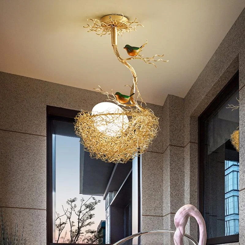 Golden Pendant Lamp with Milky White Glass Ball and Birds -  - #tag1#