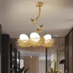 Golden Pendant Lamp with Milky White Glass Ball and Birds tag1