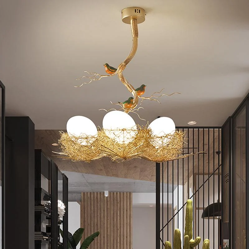 Golden Pendant Lamp with Milky White Glass Ball and Birds -  - #tag1#