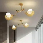 Golden Pendant Lamp with Milky White Glass Ball and Birds tag1