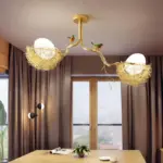 Golden Pendant Lamp with Milky White Glass Ball and Birds tag1