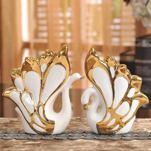 Golden Swan Ceramic Sculptures and Statues Gift Wedding Craft -