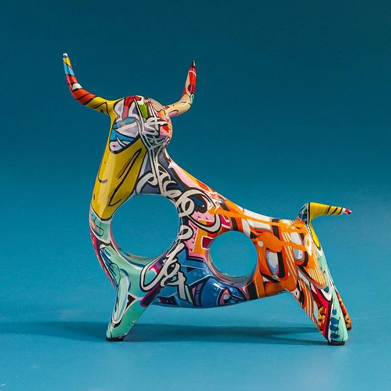 Graffiti Painted Cattle Animal Ox Statue -