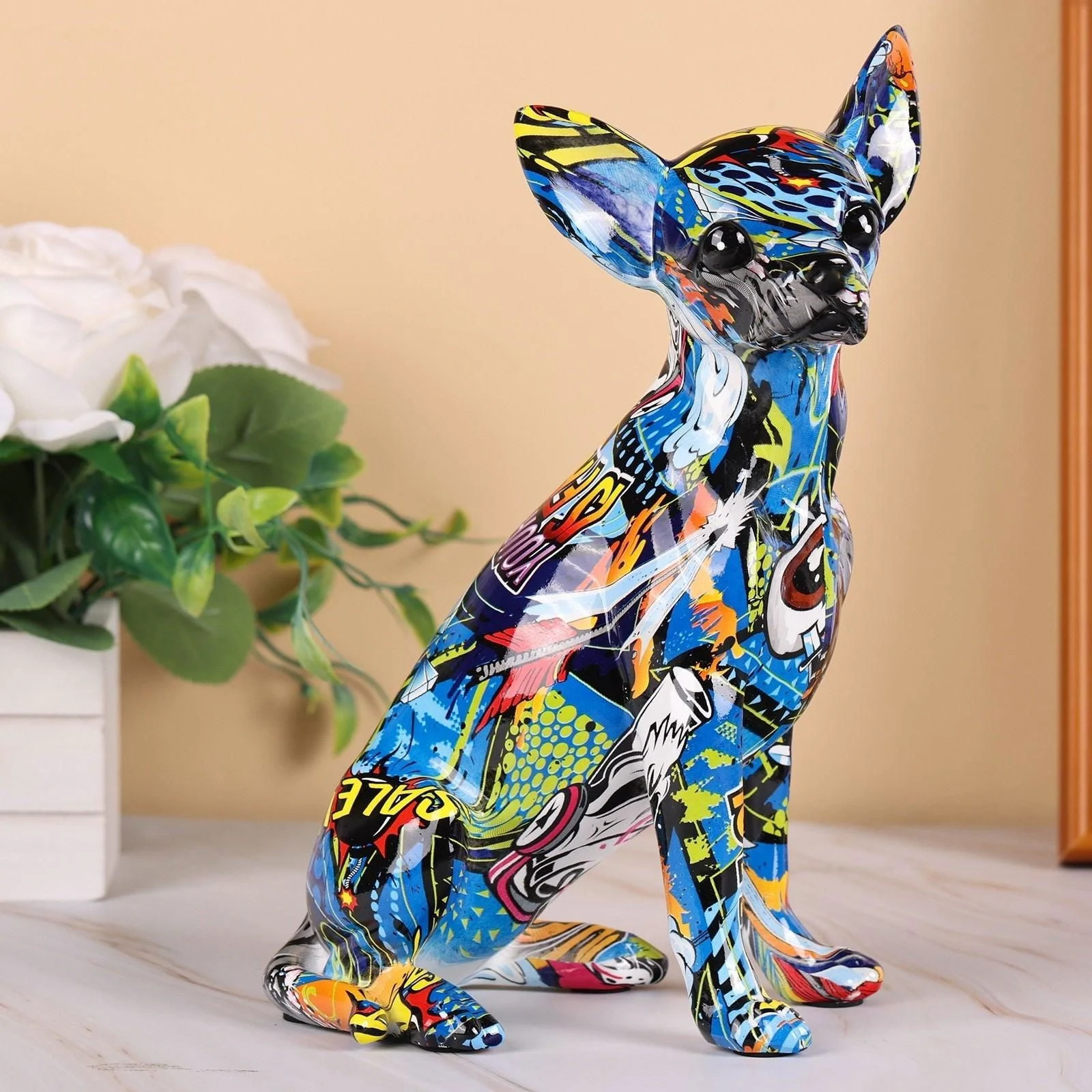 Graffiti Painted Chihuahua Dog Art Sculpture -