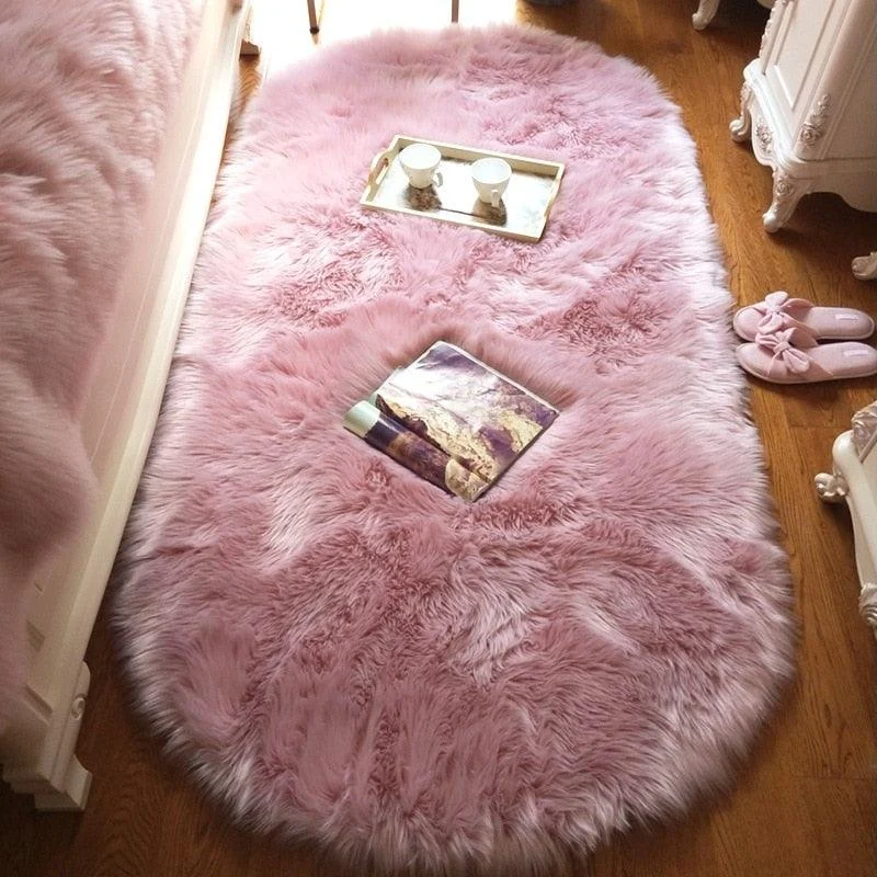 Grey Pink Oval Rug Soft Fluffy Carpet Bedside Living Room Bedroom Floor -