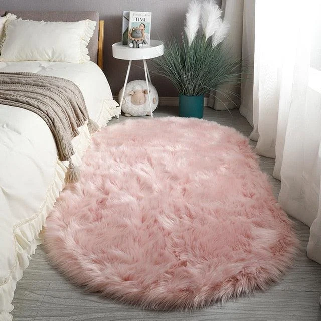 Grey Pink Oval Rug Soft Fluffy Carpet Bedside Living Room Bedroom Floor -
