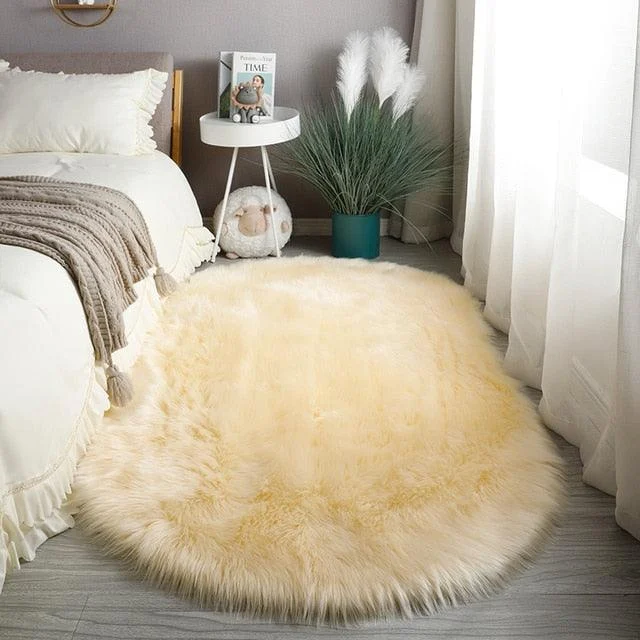 Grey Pink Oval Rug Soft Fluffy Carpet Bedside Living Room Bedroom Floor -