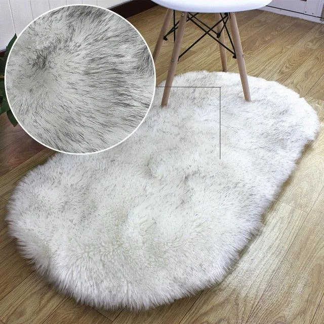 Grey Pink Oval Rug Soft Fluffy Carpet Bedside Living Room Bedroom Floor -