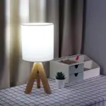 H Wooden Tripod Table Lamp with Linen Shade LED tag1