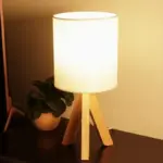 H Wooden Tripod Table Lamp with Linen Shade LED tag1