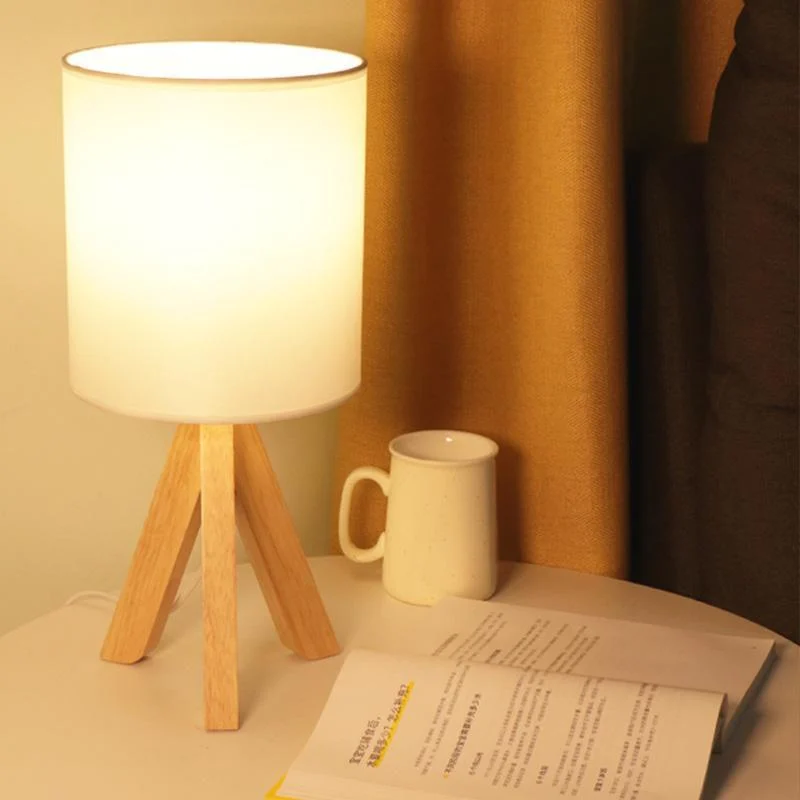 H Wooden Tripod Table Lamp with Linen Shade LED -  - #tag1#