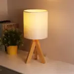 H Wooden Tripod Table Lamp with Linen Shade LED tag1