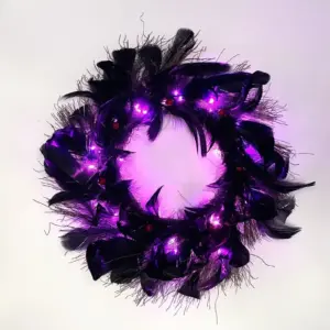 Halloween Black Feather Wreath-with Lights