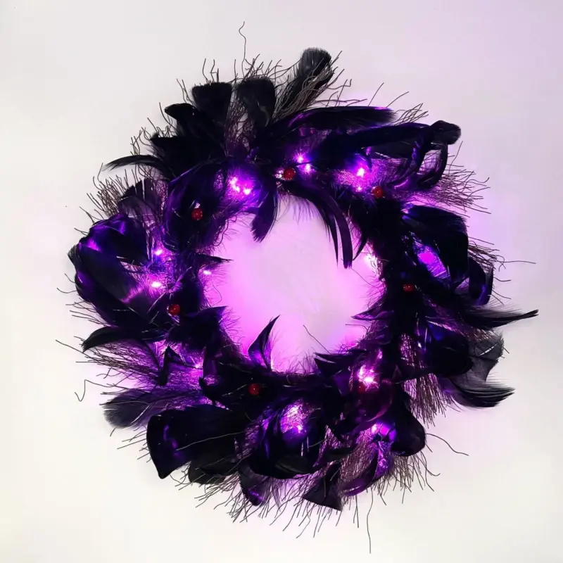 Halloween Black Feather Wreath with Lights tag1